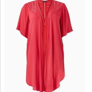 Size 3/4 Red crinkle gauze crochet longline kimono